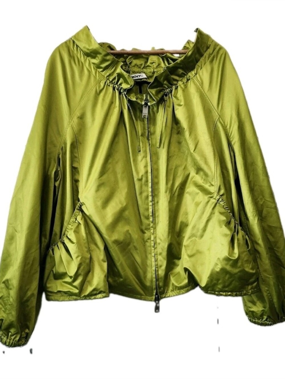 DKNY Lime Green Satin Look‎ Jacket Women's XL Zip Up Shiny Retro Y2K